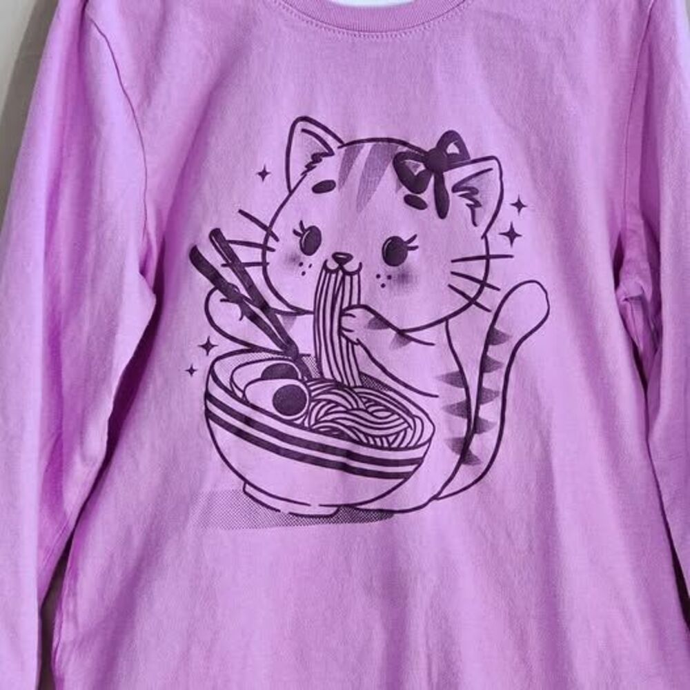 Girls Purple Anime Cat Eating Ramen Graphic Long Sleeve Shirt 10/12 Large